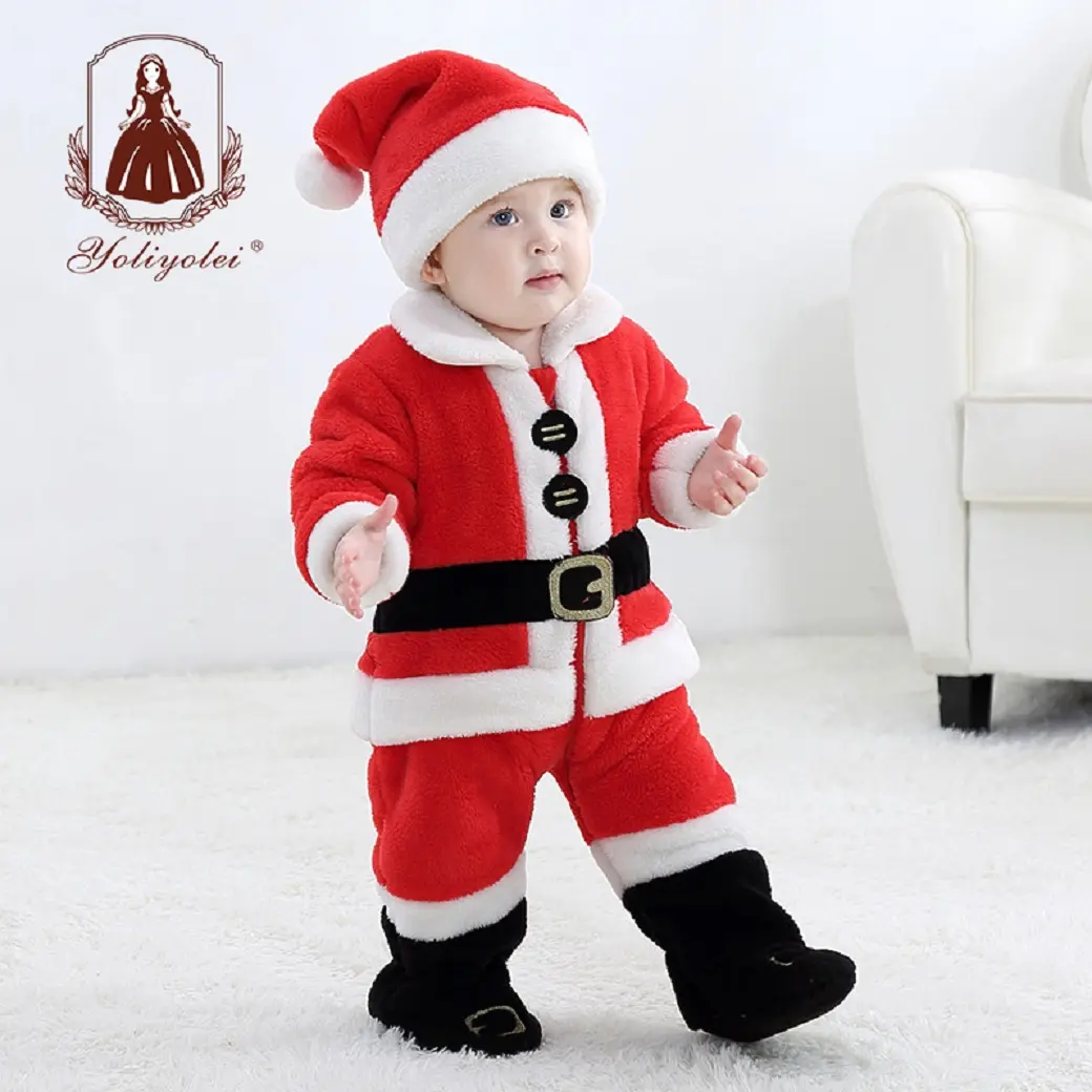 2020 Winter 18 Months 3 Piece Unisex Christmas Santa Claus Cosplay Clothe New Born Baby Boys Clothing Sets With Hat