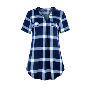 Camicia Estiva Casual a Quadri con Scollo a V e <span class=keywords><strong>Maniche</strong></span> <span class=keywords><strong>Corte</strong></span> per Donna con Tasche sul Petto - Product Image 6