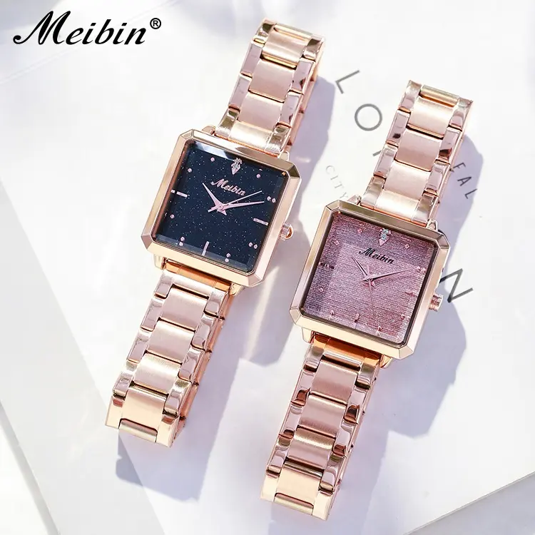 Relojes de cuarzo MEIBIN con esfera de oro rosa Venta caliente de China moda de acero digital reloj de cuarzo Conjunto de reloj de banda para las mujeres