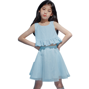 Conjuntos de roupas de bebê, conjuntos de roupas de bebê meninas azul xadrez sem mangas camiseta e tule saia curta conjuntos de roupas para meninas - Product Image 1