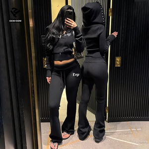 Ensemble survêtement personnalisé délavé pour femme, veste à capuche zippée et <span class=keywords><strong>pantalon</strong></span> évasé, ensemble deux pièces, vêtements pour femme, streetwear Y2k - Product Image 1