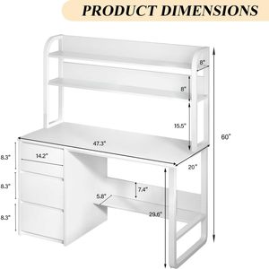 Adjustable 60-Inch White <strong>Computer</strong> <strong>Table</strong> with <strong>3</strong> Drawers Convertible Desk Hutch for Small Bedrooms Study Spaces for Home Office - Product Image 2