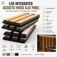 Panneau acoustique en bois à lattes avec LED ambre chaud, insonorisant, pour revêtement mural de chambre d'hôtel, restaurant, fond de télévision