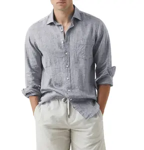 Camicie eleganti da uomo con tasca frontale camicie abbottonate a maniche lunghe in cotone e lino per uomo