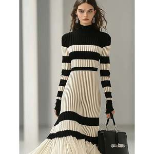 Striped Turtleneck Colorblock Midi <b>Dress</b> Women's Sweater <b>Dress</b> Long Sleeve Ribbed Knit <b>Dress</b> Black White Stripes - Product Image 4