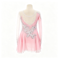 Robe de danse patinage rose à col rond, maille nude, manches longues, strass floraux pour enfants et adultes, compétition et performance