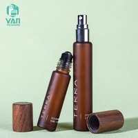 Ensemble de flacons et pots en verre dépoli brun rond de qualité supérieure YAN Packaging, vides, avec bouchon en noyer noir, pour roll-on, parfum, compte-gouttes, pompe ou spray