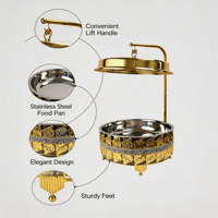 QY Luxe 9L Gouden Hangende Chafing Dish met Glazen Deksel Modern Sierlijk RVS Buffet Warmhouders voor Hotel Bruiloft