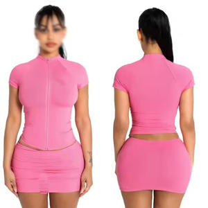 Moda estiva popolare tinta unita con cerniera aderente sexy da ragazza manica corta + gonna da 2 pezzi giacca da donna Set di abiti - Product Image 6