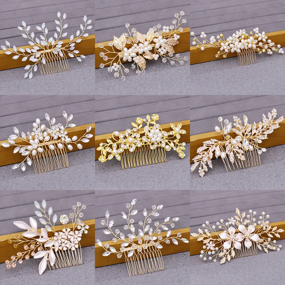 Wedding Hair Comb Bridal Accessories Rhinestone Pearl Hair Comb Women's Accessories Tiara Hair Jewelry Light Gold Headpiece