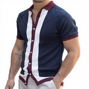 Venta al por mayor: Nueva llegada de camisas de hombre de manga corta, transpirables, 100% algodón, de punto, a rayas, con bloques de color y empalmes, para negocios. - Product Image 3