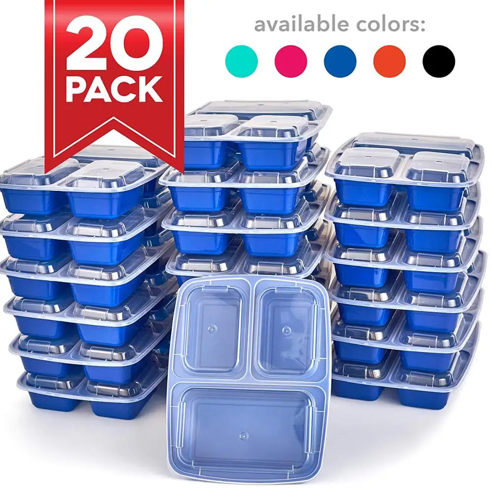 Venta al por mayor de plástico de comida de preparación contenedores congelador/eliminación de plástico caja de almuerzo bento microondas 3 compartimiento