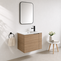 Ensemble de meuble-lavabo mural scandinave en bois avec miroir, lavabo en céramique blanc, meuble-lavabo suspendu avec rangement