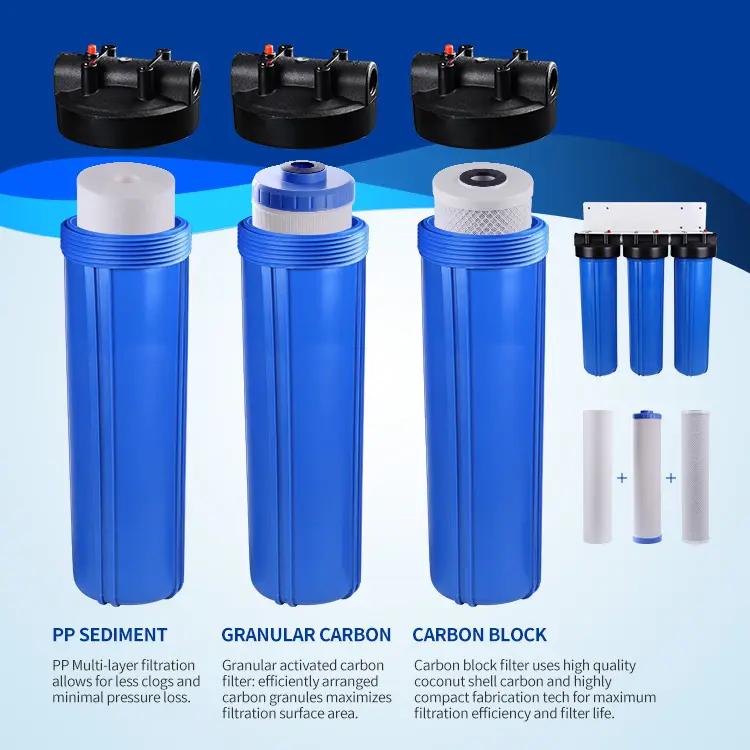 Big blau ganze haus wasser filter gehäuse untertisch 3 sorten filtration kompatibel für 20 zoll PP GAC CTO wasser filtration system