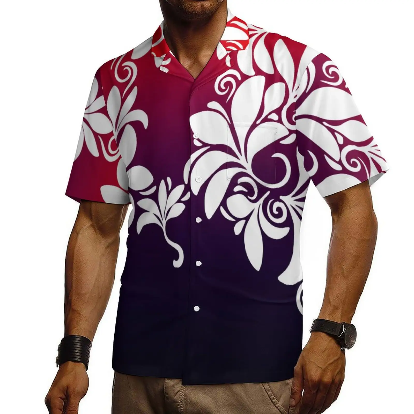 하와이 열대 몬스테라 잎 인쇄 턴 다운 칼라 남성 원피스 셔츠 폴리네시아 부족 빈티지 빅 사이즈 남성 셔츠 해변