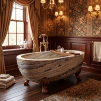 Baignoires ovales modernes sur mesure de luxe, en travertin gris argenté persan exclusif, autoportantes pour salle de bain Vila