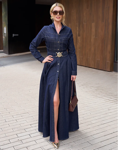 Vendita calda Maxi abito in <span class=keywords><strong>Denim</strong></span> da donna collo alto manica lunga con cintura a vita alta con bottone frontale Modulare svasato abito elegante - Product Image 1