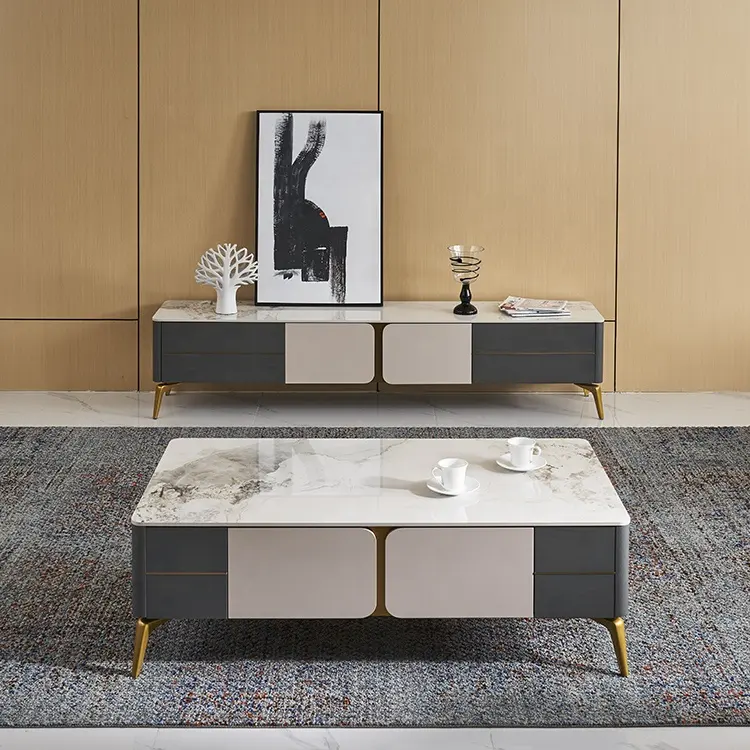 Jinsong furnitur ruang tamu desainer Italia, meja kopi mewah gaya baru dengan laci kayu ek harga bagus