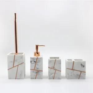 Marble effect 5pcs luxury polyresin bathroom accessories set with golden stripes design