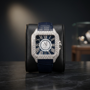 นาฬิกาข้อมืออัตโนมัติ AARVA Iced Out Square พร้อมตัวเลขโรมัน แสดงวันที่ และสายหนังสีน้ำเงิน - Product Image 1