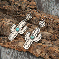 Boucles d'oreilles pendantes ethniques de style bohème occidental avec motif gravé plat, cactus et turquoise, pour femme, cadeau