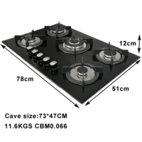 Table de Cuisson à Gaz 5 Brûleurs, Verre Noir avec Grilles en Fonte, pour Appareils de Cuisine