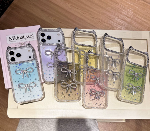 Cute cat Ears with Diamonds for iPhone 15 16 17 Promax Mobile Phone case Butterfly Knot Luxury Soft Protective Cover