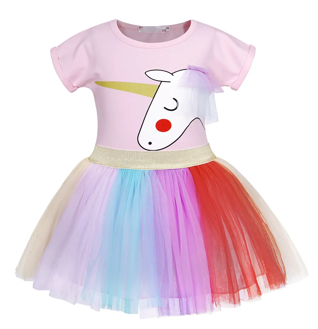Gli ultimi abiti popolari per ragazze di fiori 2020 disegni di abiti per bambini in pizzo t-shirt rosa unicorno + abito gonna in Tulle colorato