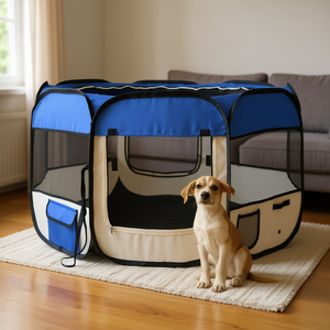 Recinto per cani blu e crema 35,4 x 35,4 x 22,8 pollici in poliestere e acciaio, traspirante, per interni - Product Image 3