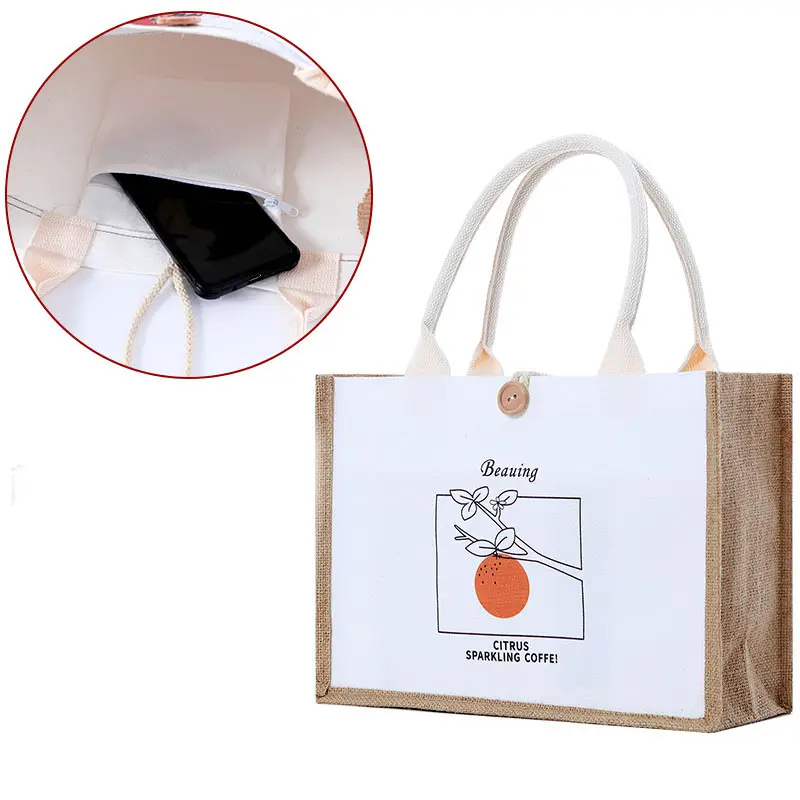 Özel Logo tuval kullanılan alışveriş düğmesi jüt alışveriş çantası iç fermuarlı cep pamuk kolu Mini jüt alışveriş torbaları