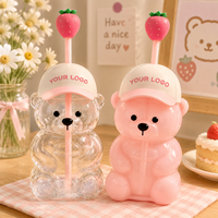 Tasse à café glacé en verre borosilicate avec logo personnalisé, motif ours en peluche fraise rose, avec couvercle et paille, pour adultes