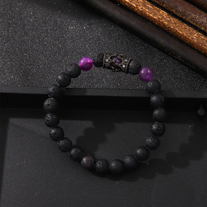 Volcanic Stone <b>Beaded</b> <b>Bracelet</b> With Purple Crystal Crown Clasp Men's Jewelry Fashion Accessory - Product Image 2