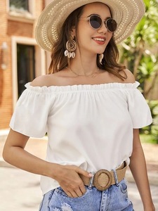 Damen Herbst Vintage Einfarbiges Lässiges Unifarbenes Schulterfreies Rüschenhemd Neu im Trend - Product Image 3
