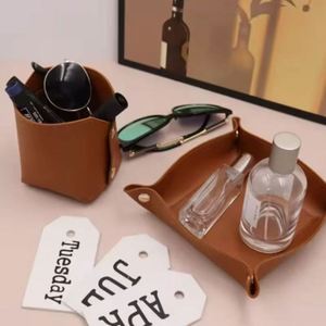 <b>Foldable</b> Handmade Embossed PU Leather Desktop Basket Makeup Brush Holder Organizer <b>Desk</b> Accessories Storage Pencil Pen Holder - Product Image 4