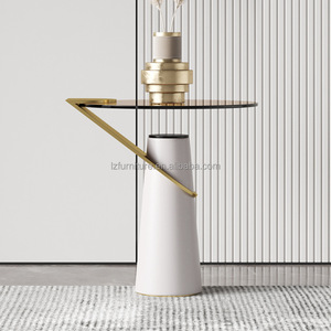 Modern Minimalist Round <b>Sofa</b> <b>Side</b> <b>Table</b> Glass Top with Gold Tray Beige Faux Leather Base Metal Decorative End <b>Table</b> Living Room - Product Image 5
