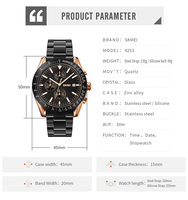 Montre à quartz pour homme Skmei modèle 9253, logo personnalisé OEM, acier inoxydable de haute qualité, résistance à l'eau 3BAR, bracelet de 20 mm, aiguille jour/date