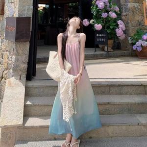 Korean Style Gradient Beach Sundress Square Neck Natural Waist Breathable Swim Cover Up Summer Vacation Dress - Product Image 3