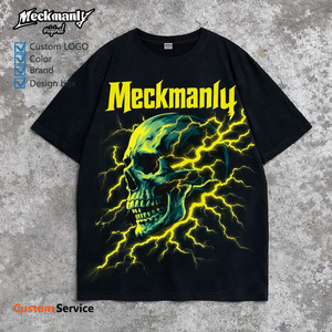 Meckmanly Men's T-Shirt Short Sleeve O-Neck Skull Print Street Style Black Cotton Jersey Fabric Regular Fit - Product Image 1