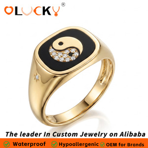 LUCKYJIU Gioielli Personalizzati Impermeabili Placcati in Oro 18K, Anello con Segno Zodiacale in Smalto Nero, 12 Stili Disponibili - Product Image 1