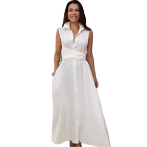 Women's Sleeveless Maxi Shirt Dress | Elegant Solid <b>White</b> <b>Wrap</b> Waist Dress with Pockets High Waist Straight Hem - Product Image 1