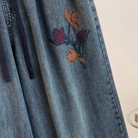 Nouvelles Pantalons en Jean Ample et Décontracté pour Femme, Taille Élastique à Cordon Brodé Bleu Foncé Style Vintage, Collection Automne 2026 – Vente en Gros