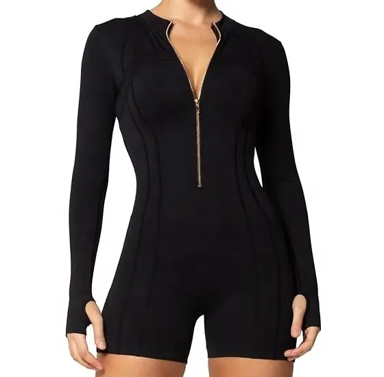 Women's One Piece Zip Up Rompers Long Sleeve Yoga Gym Workout Shorts Tummy Control Bodysuit Bodycon Jumpsuits