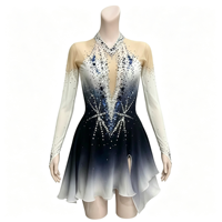 Robe de patinage artistique bleu-noir dégradé avec strass étincelants et maille à manches longues pour enfants et adultes – Idéale pour la compétition et les spectacles