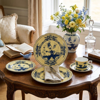 Service de table vintage en porcelaine fine Chinoiserie jaune sauge, assiette de présentation rétro à motif floral, tasse à café et bol en céramique pour hôtel