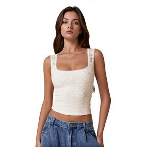 Top a Doppio Strato Senza Maniche con Scollo Quadrato e Bordo in Pizzo per Donna, Abbigliamento Sexy Estetico, Top Basic - Product Image 1
