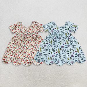 Robes mi-longues à manches courtes pour bébés filles, motif fleurs de pomme, pour la rentrée scolaire, avec bordure festonnée - Product Image 1