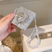 Casing Ponsel Cermin Hati Berkilau Bling untuk Samsung Galaxy Z Flip 8 7 6 5 dengan Tali Pergelangan Tangan Berhias Berlian dan Penyangga Lipat