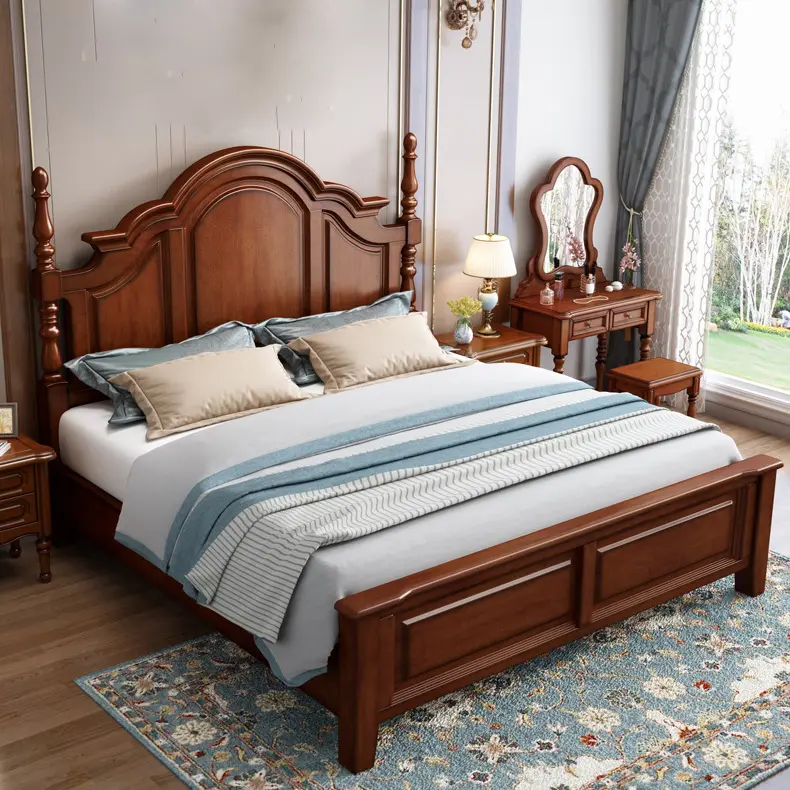 Set kamar tidur kayu padat kualitas tinggi bingkai kayu Solid tempat tidur kayu tempat tidur/tempat tidur ganda dengan meja laci papan kepala