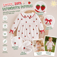 Combinaisons pour bébés filles Puresun OEM/ODM 100% coton, broderie fraise, imprimé pois, col Peter Pan, nœuds en ruban, 0-3 ans