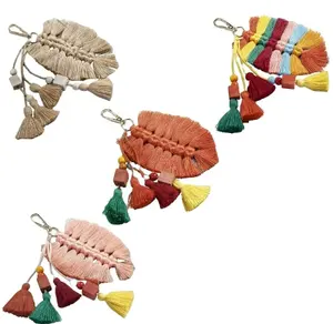 Pure Handmade Creative Cotton Tassel Pendant Leaves Wooden Beads Bag Ornaments Nordic National European Keychain Decoration